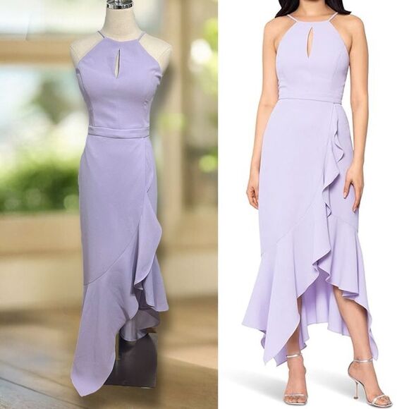 NWT XSCAPE Midi Maxi Scuba Crepe Asymmetric Flounce Dress Size 6 - Picture 1 of 13